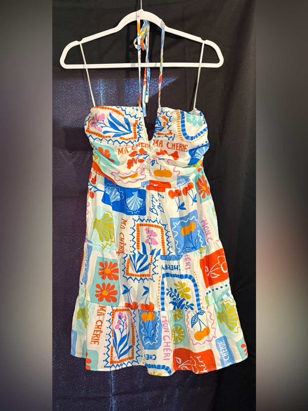 NWT Day + Moon Ma Cherie Postcard Print Halter Mini Dress Vacation Sundress S